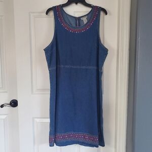 Vintage Expression Blue Denim Midi Dess Sleeveless Embroidered Sheath Size XL